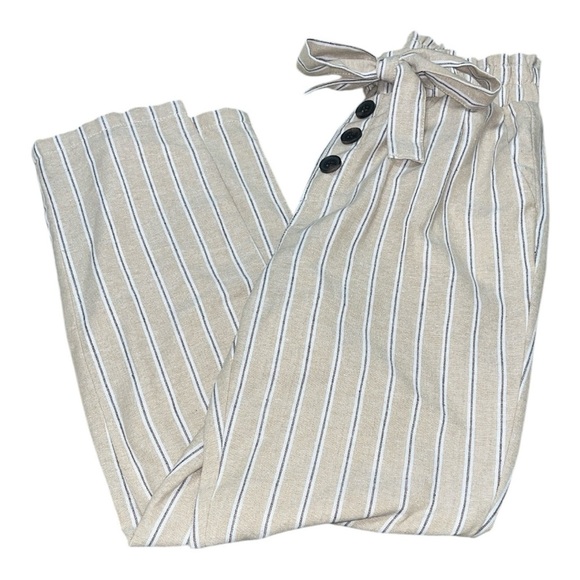 Ci Sono Tan and White Striped Wide Leg Paperbag Pants Belted - Picture 9 of 12